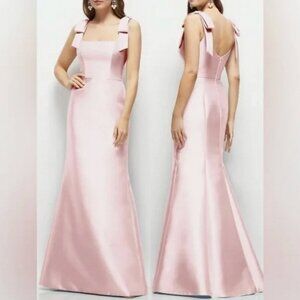 Alfred Sung Ballet Pink Bow Strap Satin Twill Trumpet Gown D868